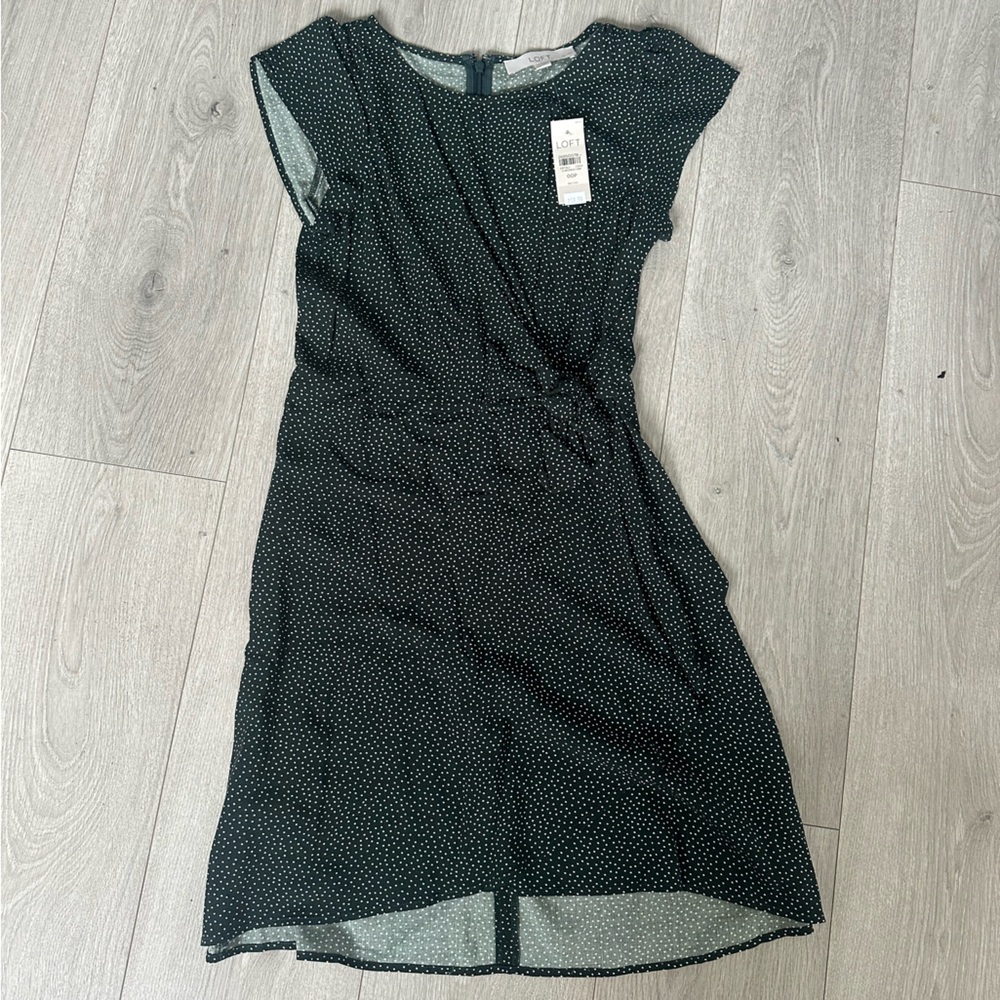 LOFT Dark Green Dress with White Dots